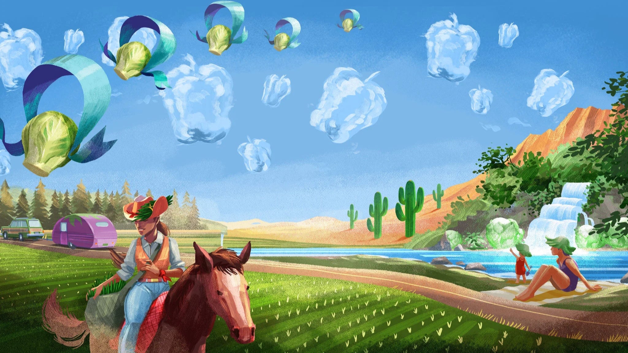 Surreal landscape with people on horses and a person by a pool, under a blue sky with cloud-like formations.