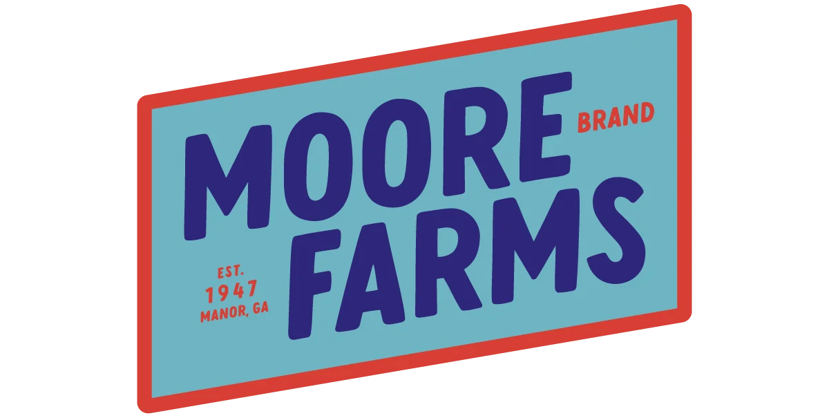 Moore Farms brand logo with blue text on a light blue background